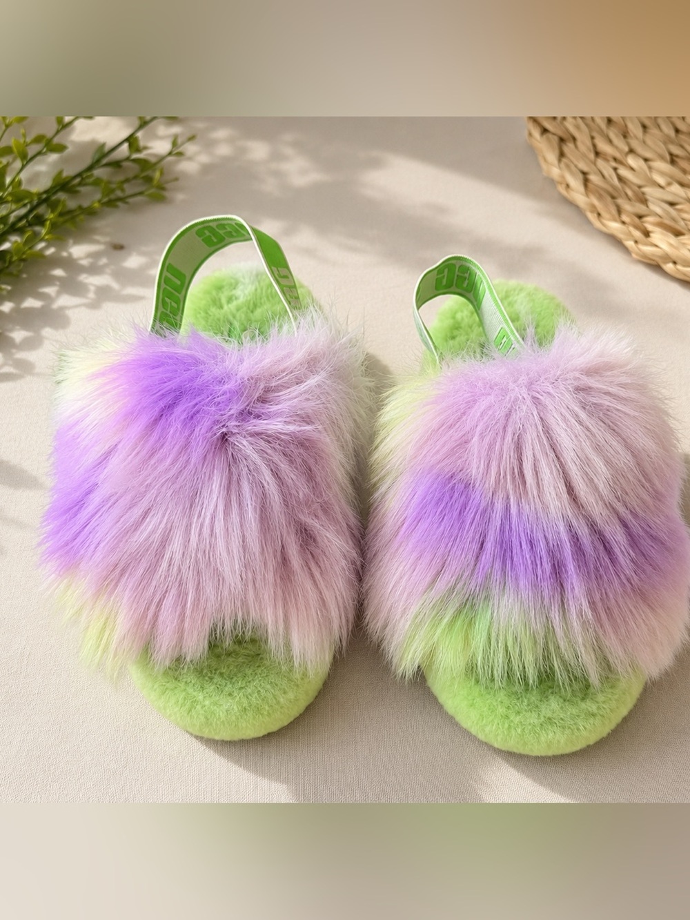 UGG Lime Green & Lavender Faux Fur Slide Slippers